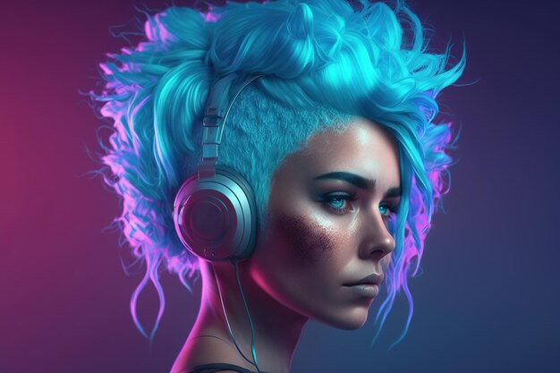 Uma garota com cabelos coloridos em fones de ouvido A era da música rave e das boates IA generativa