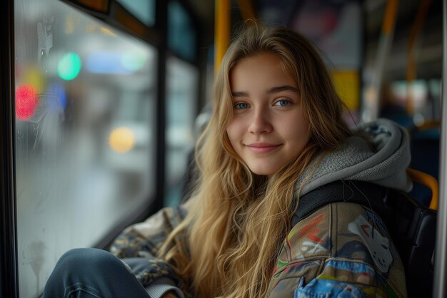 Uma garota com cabelos loiros longos está sentada em um ônibus