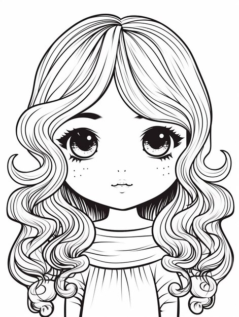 Desenhos para colorir Kawaii, olhos grandes, cabelos compridos