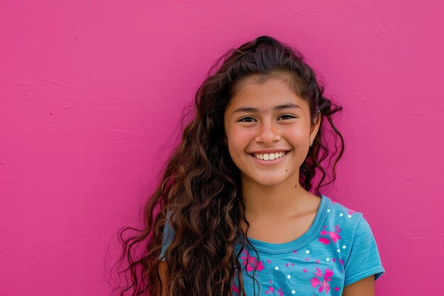 Foto uma garota com cabelos longos sorrindo e posando para uma foto