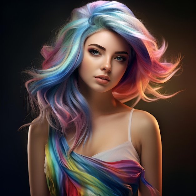 uma garota com cabelos multicoloridos um retrato em close de uma jovem mulher