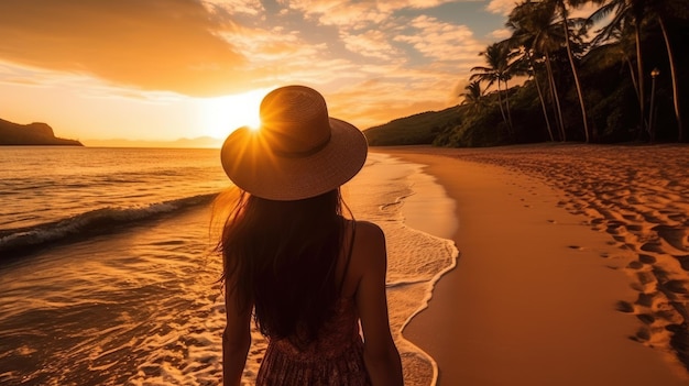 Foto uma garota com chapéu ao pôr do sol no verão para fundo de verão com espaço de cópia