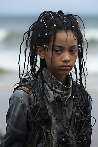 uma garota com dreadlocks e miçangas no cabelo