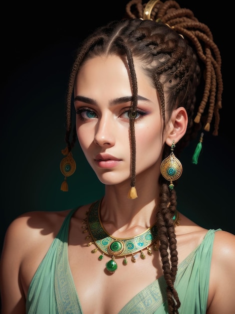 Uma garota com dreadlocks e um colar verde