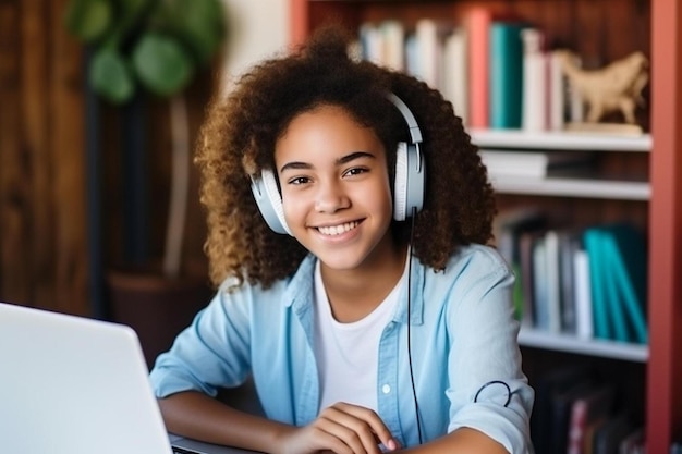 Foto uma garota com fones de ouvido e um laptop no colo