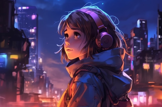 Uma garota com fones de ouvido olhando para uma rua da cidade