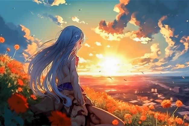 Uma garota com longos cabelos azuis está sentada em uma pedra olhando para um campo de flores.