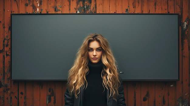 uma garota com longos cabelos cacheados fica em frente a uma parede de madeira seca.