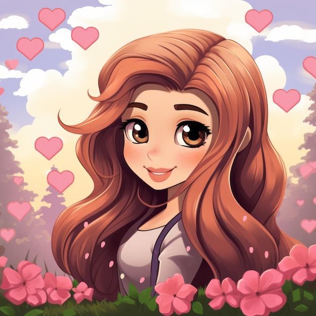Foto uma garota com longos cabelos ruivos e corações rosa ao fundo