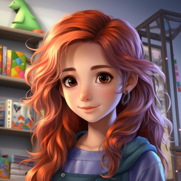uma garota com longos cabelos ruivos em frente a uma estante