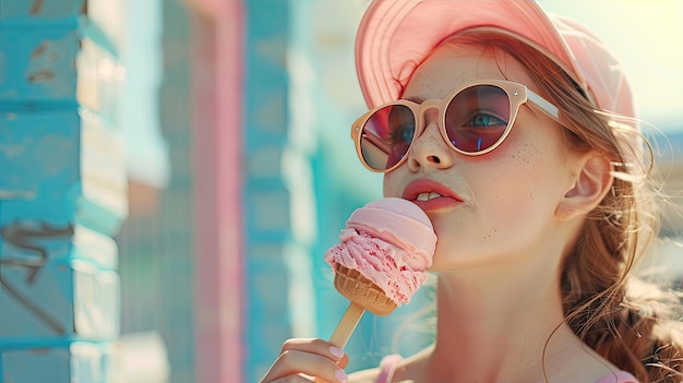 Uma garota com óculos está comendo sorvete rosa em um bastão conceito de verão