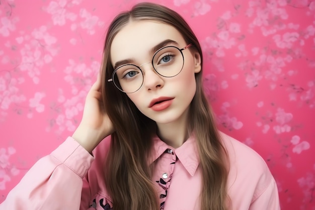 Uma garota com óculos na cabeça fica em frente a uma parede rosa com flores