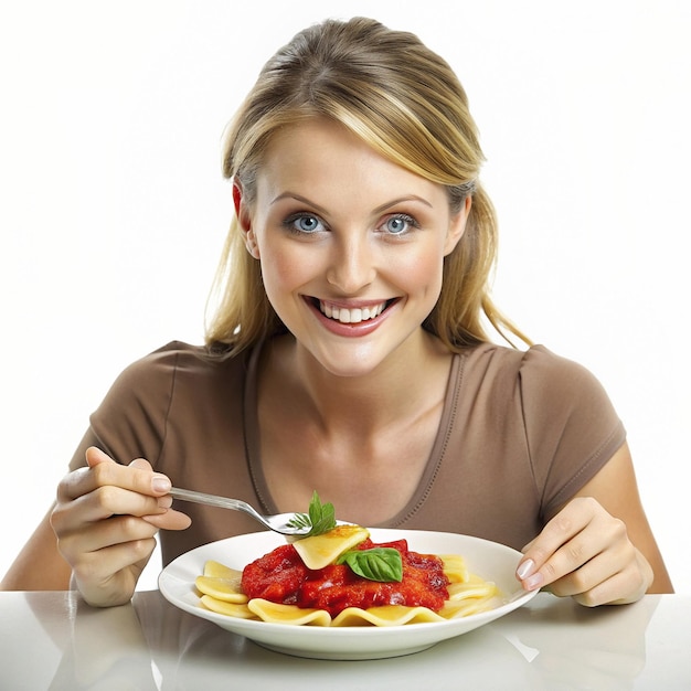 Foto uma garota com ravioli com pasta de molho de tomate
