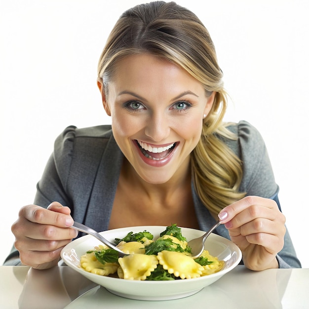 Foto uma garota com ravioli com ricotta e espinafre em pasta com molho de manteiga castanha