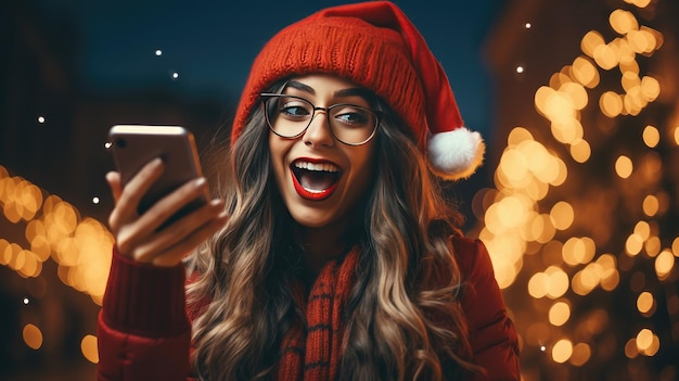 uma garota com roupa de natal está segurando seu telefone e segurando o espírito natalino diante da câmera criada com a tecnologia Generative Al