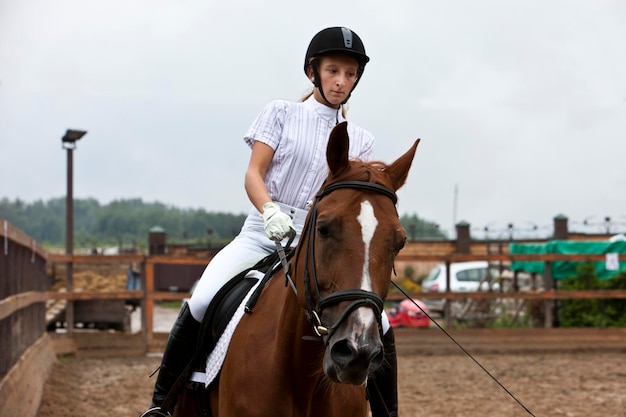 Uma garota com roupas equestres brancas e um capacete montando um cavalo marrom ele se apresenta em uma competição a