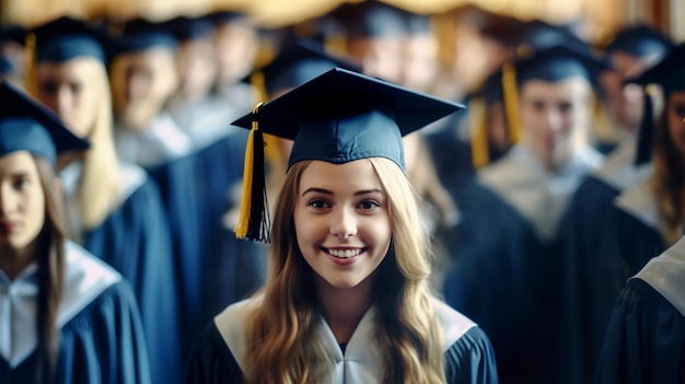 Uma garota com um boné de formatura sorri para a câmera.