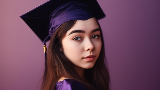 Uma garota com um boné e um vestido de formatura fica na frente de um fundo roxo.