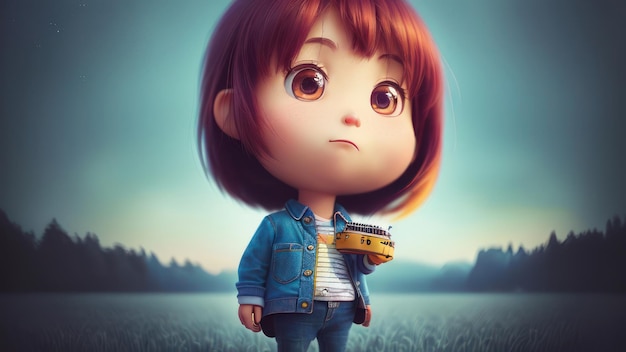 Uma garota com um brinquedo na cabeça está em um campo.