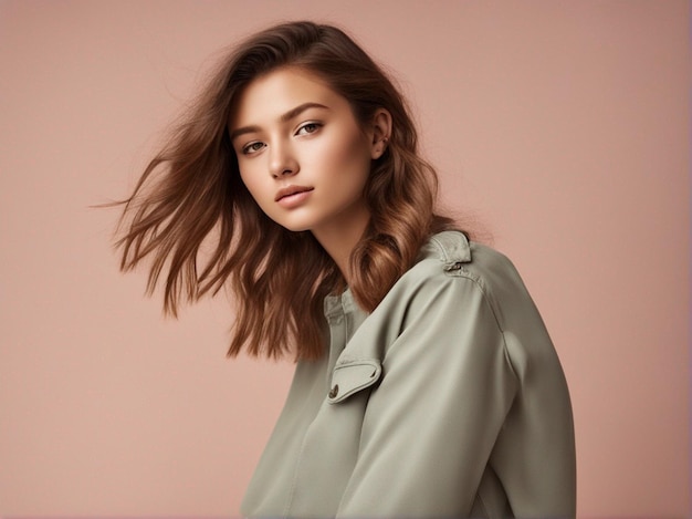 Uma garota com um cabelo bonito usando roupas de alta qualidade de moda fotografia de moda