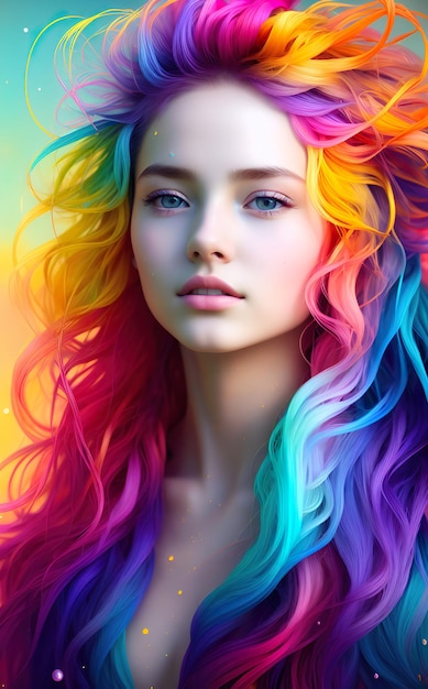 Uma garota com um cabelo de arco-íris