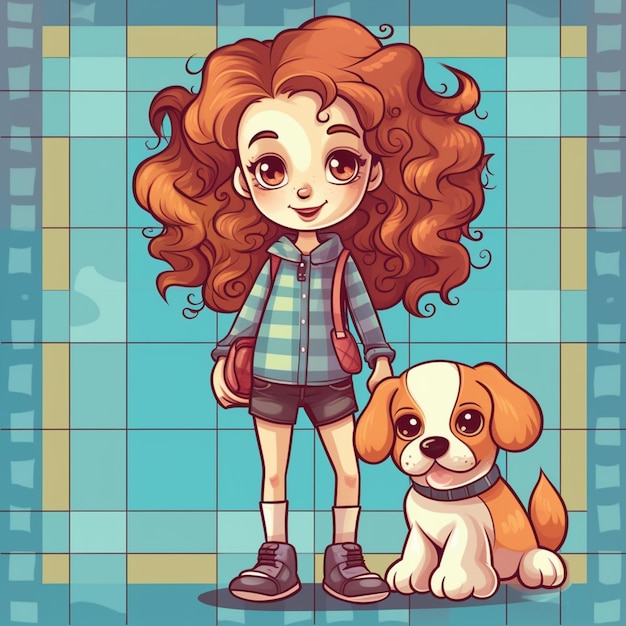 Uma garota com um cachorro em um fundo azul.