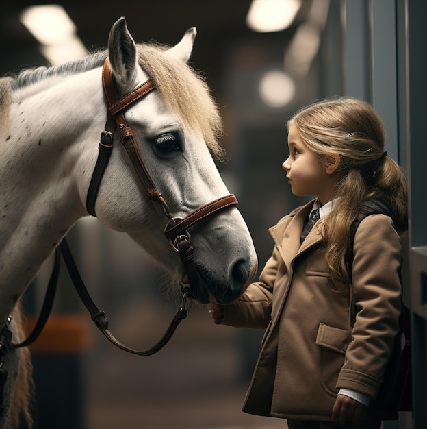 uma garota com um cavalo de casaco marrom está ao lado de um cavalo branco.