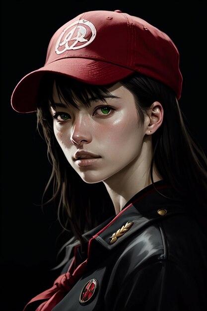 Uma garota com um chapéu vermelho com a palavra "t" na frente.