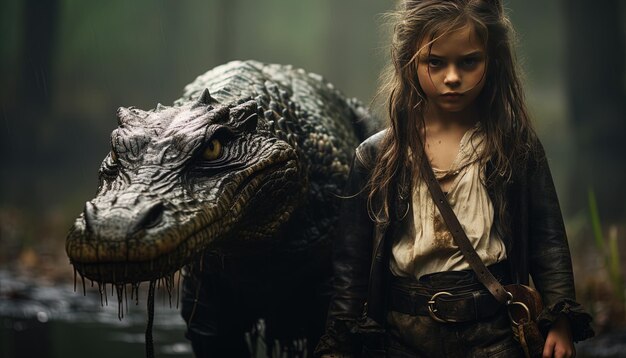 Foto uma garota com um dragão ao lado de um dragão