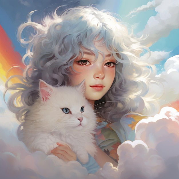 uma garota com um gato e nuvens ao fundo