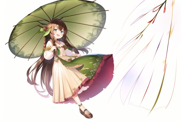 Uma garota com um guarda-chuva e uma flor no cabelo