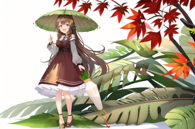 Uma garota com um guarda-chuva está parada na frente de algumas plantas tropicais.