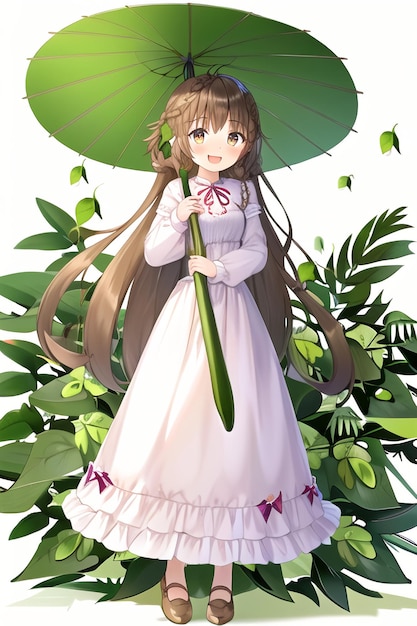 Uma garota com um guarda-chuva verde está segurando um guarda-chuva verde.