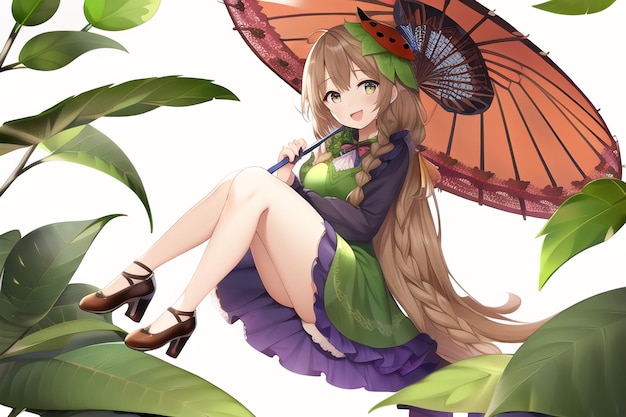 Uma garota com um guarda-chuva vermelho senta-se nas folhas