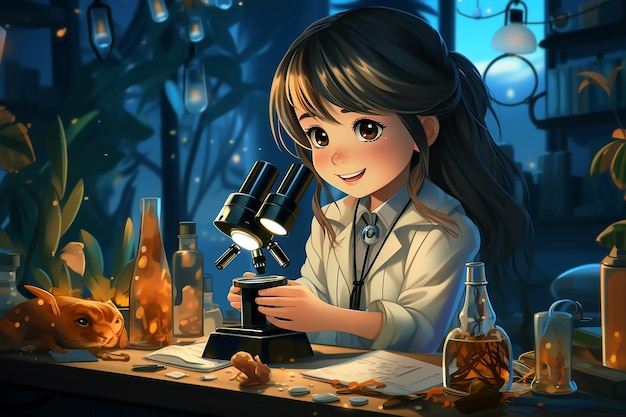 Uma garota com um microscópio em um laboratório