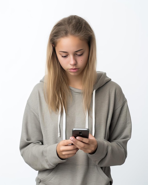 uma garota com um moletom com capuz e um celular nas mãos.