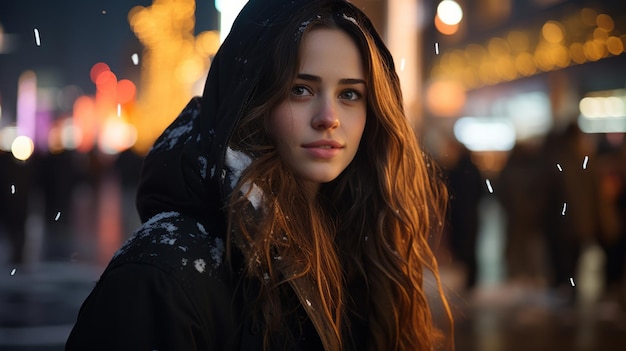 uma garota com um moletom preto parada no meio da rua à noite