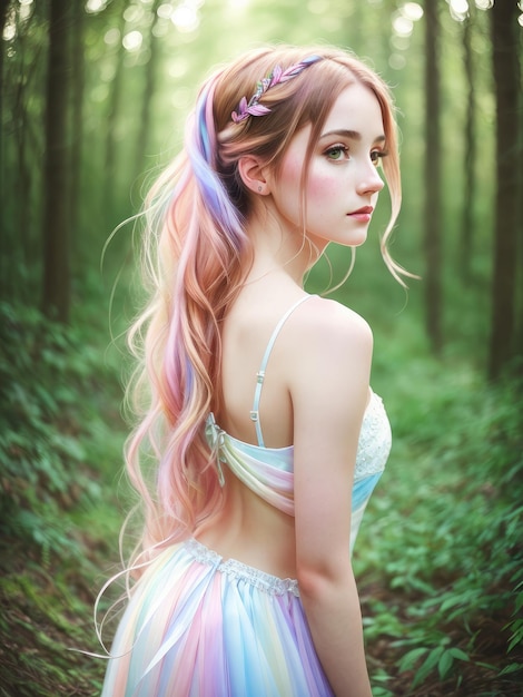 Uma garota com um rabo de cavalo e um estilo de cabelo arco-íris