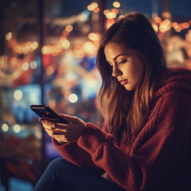 uma garota com um suéter vermelho está olhando para o telefone