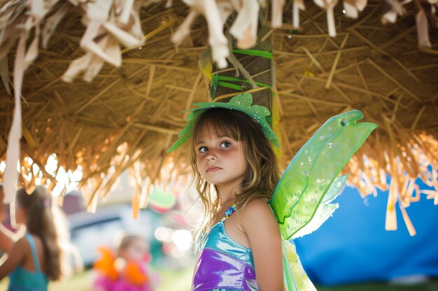 Foto uma garota com um traje de fada de pé sob uma grande piata em uma festa temática