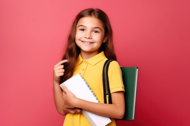 Uma garota com um vestido amarelo e um livro na mão.