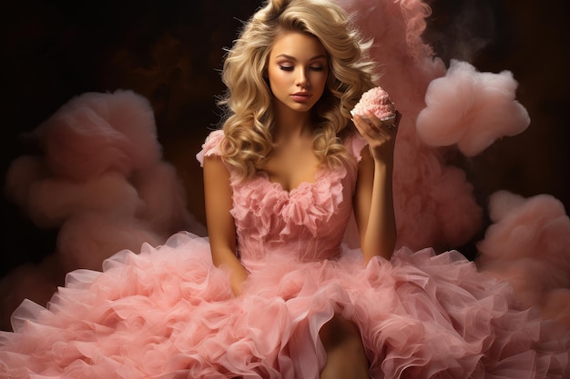 Uma garota com um vestido rosa em uma festa ao estilo Barbie AI generativa