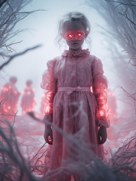 uma garota com um vestido rosa parada na floresta com olhos brilhantes