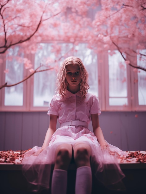 uma garota com um vestido rosa sentada em frente a uma árvore rosa