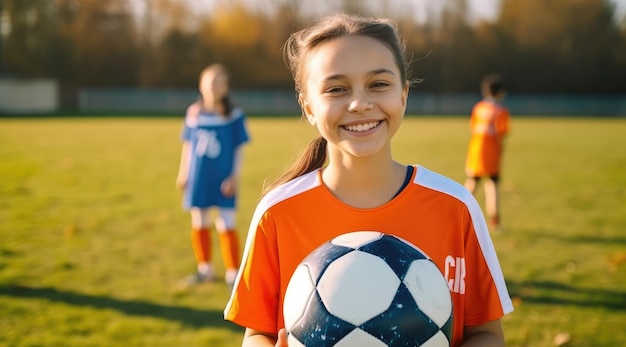 Uma garota com uma bola de futebol e as letras g em sua camisa