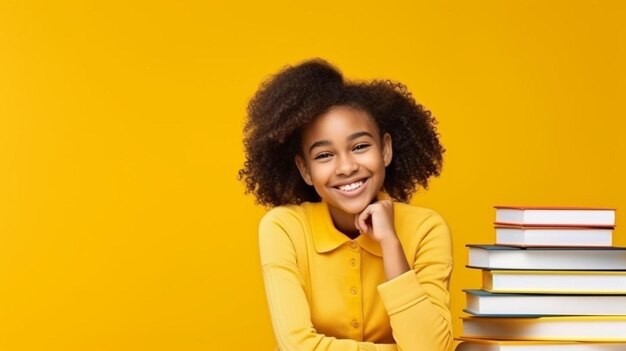 Foto uma garota com uma camisa amarela que diz afro na frente