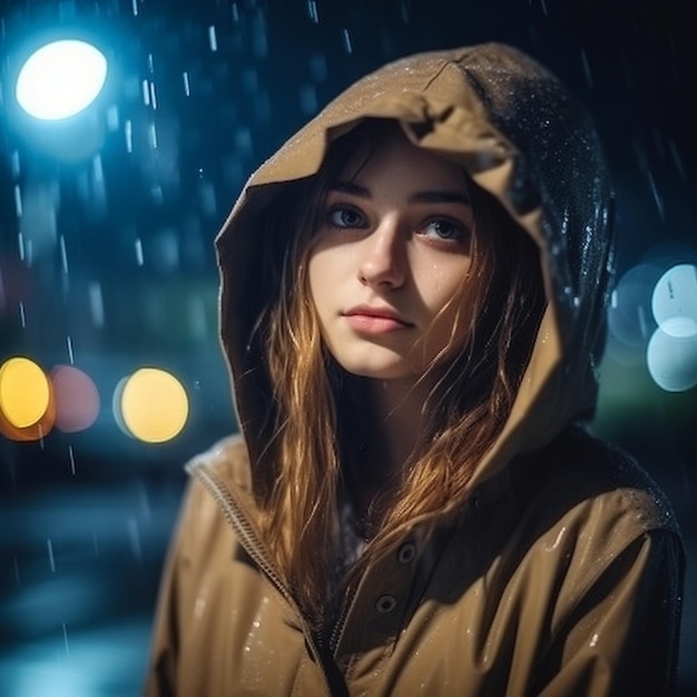 uma garota com uma capa de chuva fica na chuva em frente a um poste de luz.