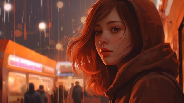 Uma garota com uma capa de chuva vermelha está na frente de uma loja.