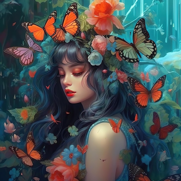 Uma garota com uma coroa de flores e borboletas