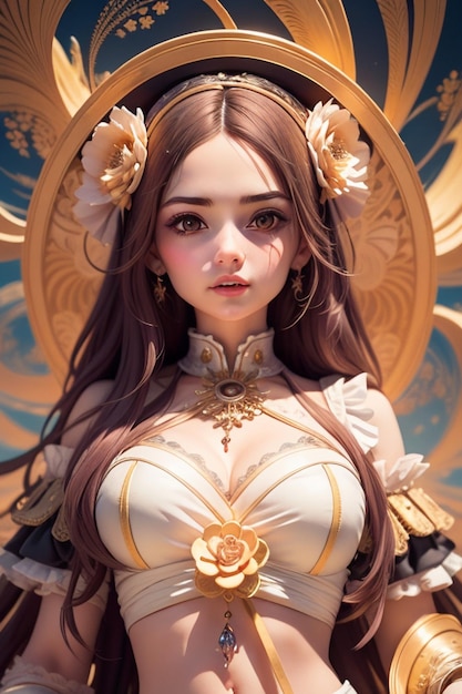 Uma garota com uma coroa de ouro e flores na cabeça